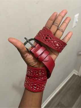 Red Cutout Leather Women's Belt - Stylish Everyday Accessory